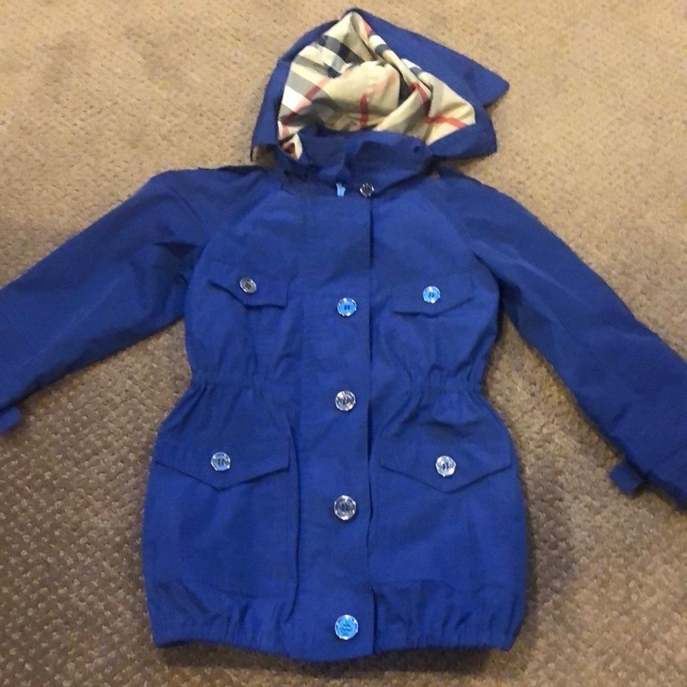 Burberry Girls Blue Raincoat Removable Hood Elastic Waist Signature Plaid 4Y